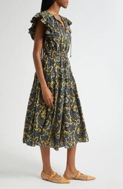 Ulla Johnson Kairi Flutter Sleeve Midi Dress In Luna In Blue
