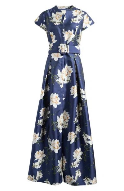 Sachin & Babi Marta Pleated Floral-print Mikado Gown In Animal Print