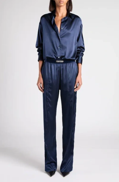 Tom Ford Relaxed Fit Stretch Silk Satin Blouse In Blue