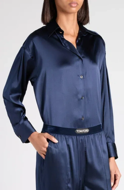 Tom Ford Relaxed Fit Stretch Silk Satin Blouse In Blue