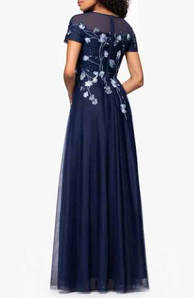 Betsy & Adam "aubrey" Mesh Sequin Embellished Short Sleeve Floor Length Dress In Blue