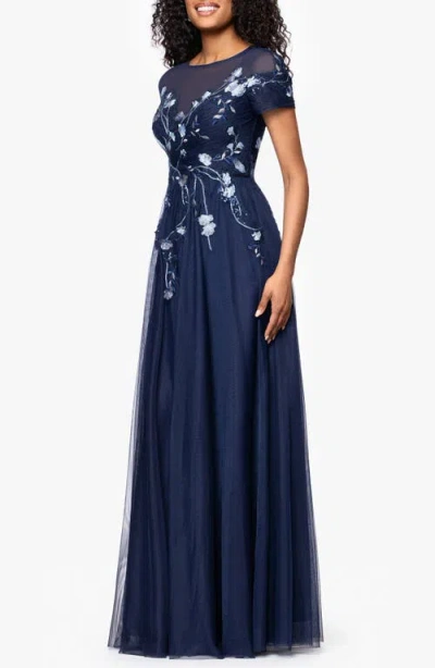 Betsy & Adam "aubrey" Mesh Sequin Embellished Short Sleeve Floor Length Dress In Blue