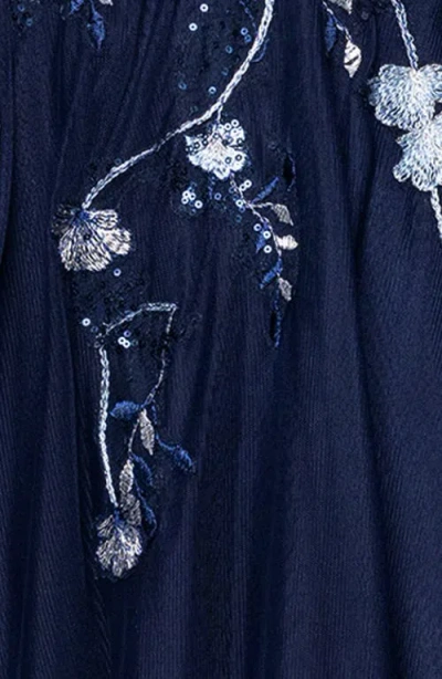 Betsy & Adam "aubrey" Mesh Sequin Embellished Short Sleeve Floor Length Dress In Blue