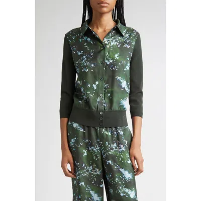 Lafayette 148 New York Tree Print Mixed Media Cardigan In Green