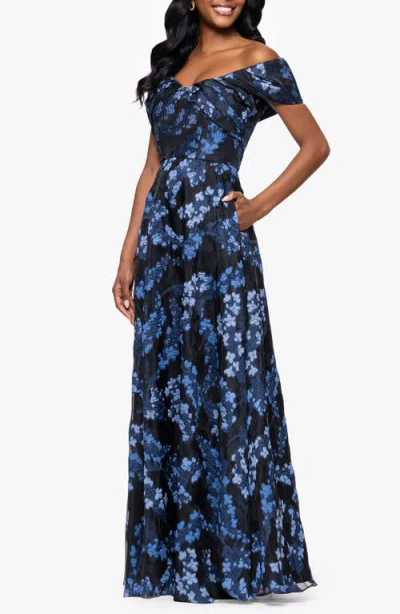 Betsy & Adam Embroidered Floral Off The Shoulder Gown In Multi