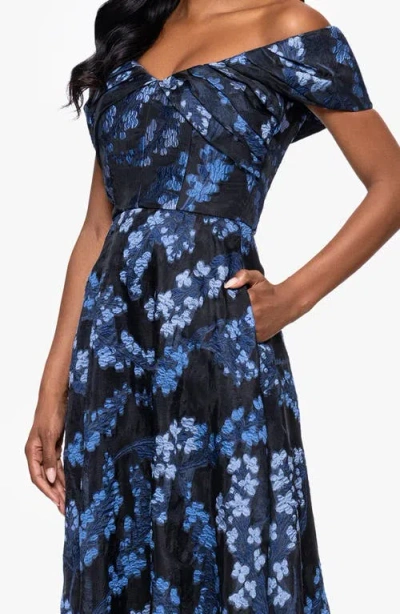 Betsy & Adam Embroidered Floral Off The Shoulder Gown In Multi