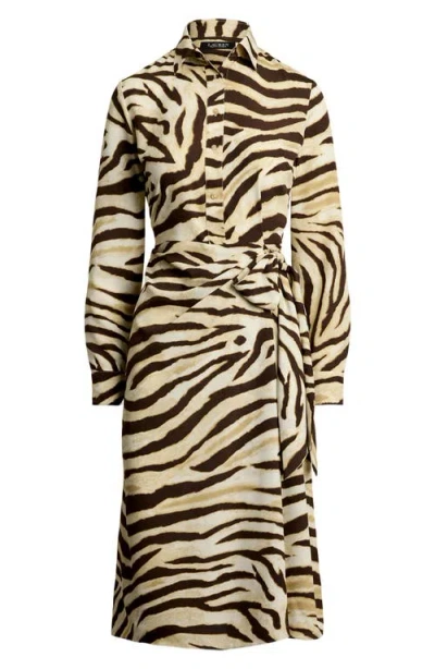 Ralph Lauren Womens Zebra Print Tie Front Crepe Shirtdress 0p 22w In Brown