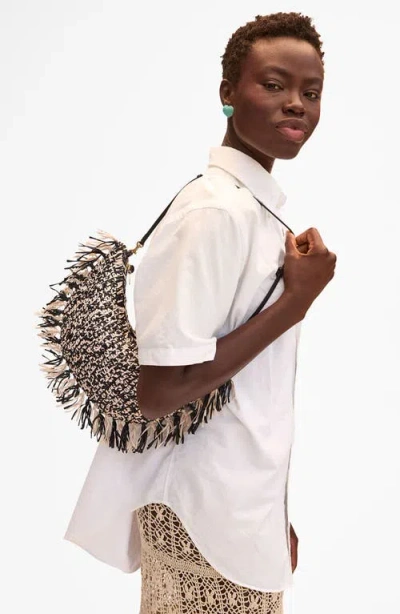 Clare V . Lune Fringed Raffia Shoulder Bag In Multi