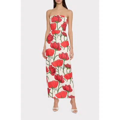 Milly Orion Red Peony Jacquard Strapless Dress In Multi