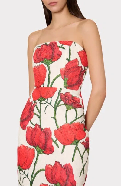 Milly Orion Red Peony Jacquard Strapless Dress In Multi