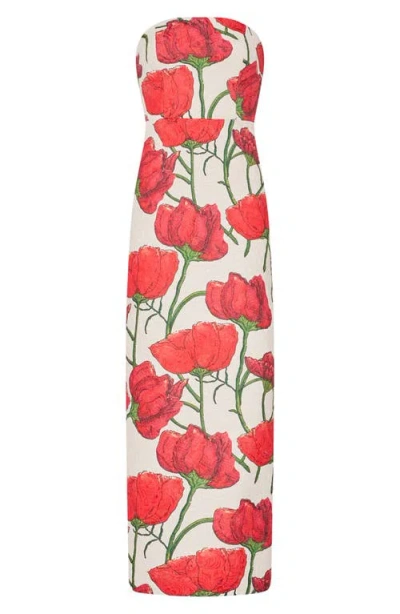 Milly Orion Red Peony Jacquard Strapless Dress In Multi