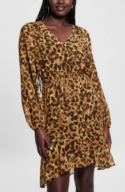Guess Kaleen Leopard Print Long Sleeve Minidress In Animal Print