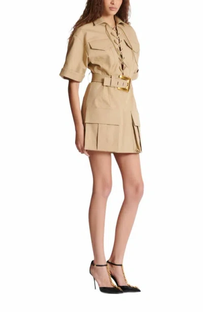Balmain Belted Cotton-gabardine Mini Dress In Brown