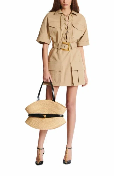 Balmain Belted Cotton-gabardine Mini Dress In Brown