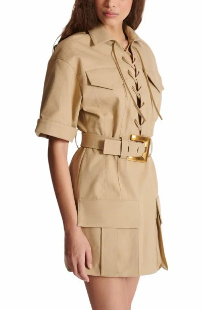 Balmain Belted Cotton-gabardine Mini Dress In Brown
