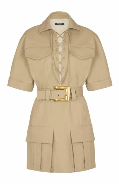 Balmain Belted Cotton-gabardine Mini Dress In Brown