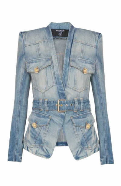 Balmain Stonewashed Cotton Denim Blazer In Blue