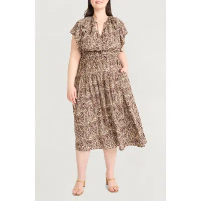 The Good Journey Ruffle Cap Sleeve Midi Dress In Brown