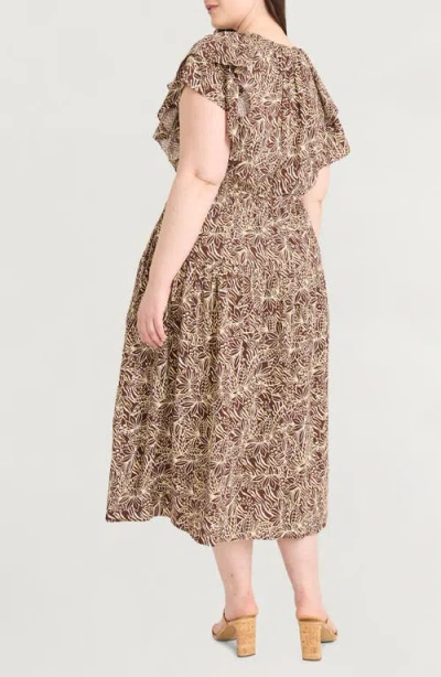 The Good Journey Ruffle Cap Sleeve Midi Dress In Brown