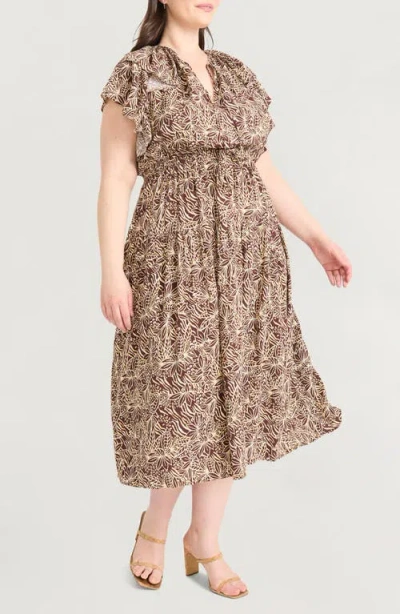 The Good Journey Ruffle Cap Sleeve Midi Dress In Brown