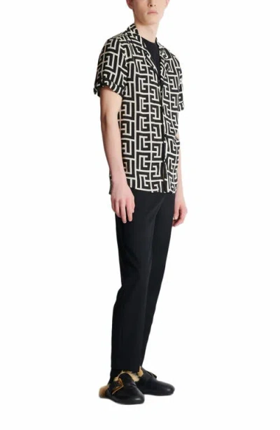 Balmain Monogram Printed Short-sleeved Shirt In Black