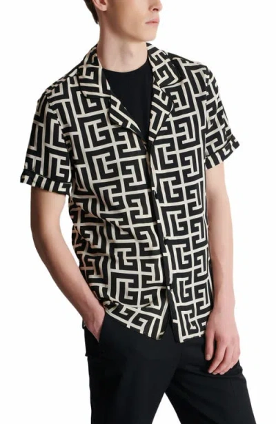 Balmain Monogram Printed Short-sleeved Shirt In Black