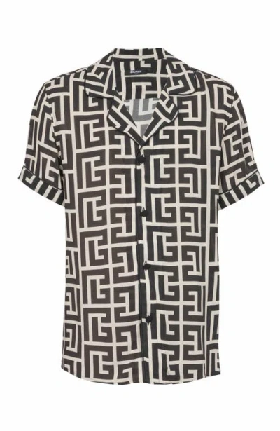 Balmain Monogram Printed Short-sleeved Shirt In Black