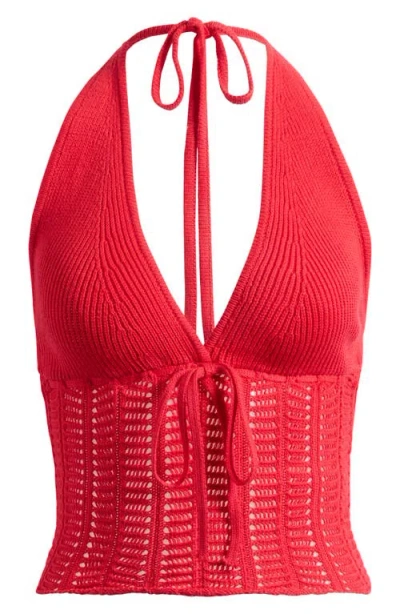 Pacsun Kelli Open Stitch Cotton Halter Top In Red