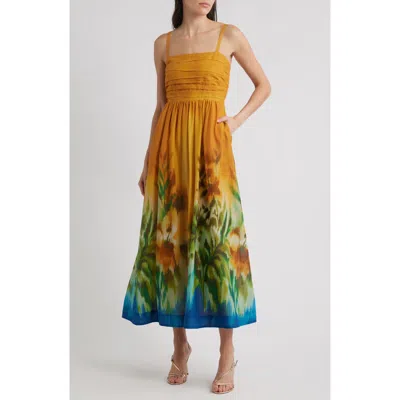 Tahari Asl Ruched Bodice Cotton Midi Sundress In Yellow