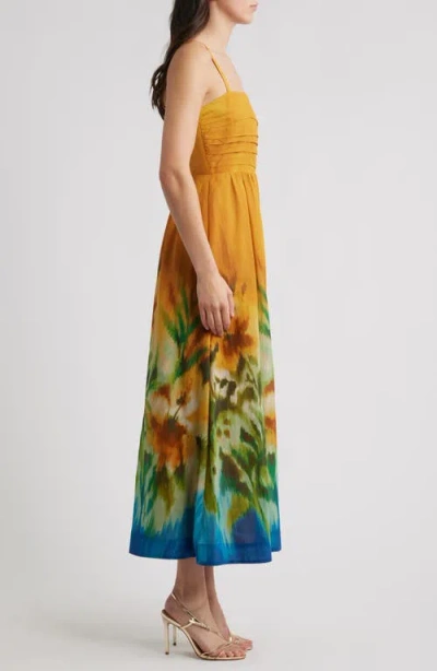 Tahari Asl Ruched Bodice Cotton Midi Sundress In Yellow