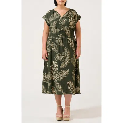 Estelle Palmer Leaf Print Midi Dress In Green