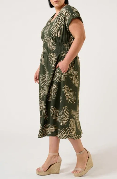 Estelle Palmer Leaf Print Midi Dress In Green
