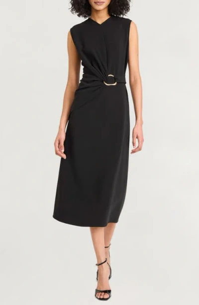 Luxely Ruched Midi Dress In Black