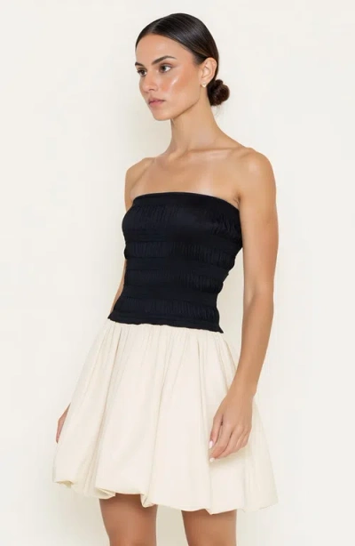 Modenaire Strapless Bubble Hem Mini Dress With Smocked Bodice In Multi