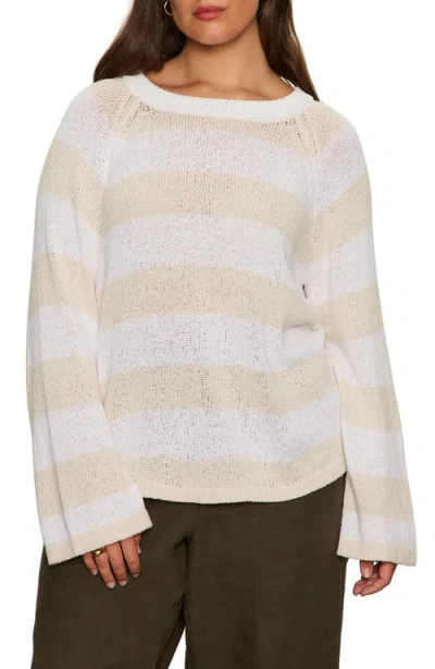 Sanctuary Textured Raglan Crew Sweater In White Light Oat Stripe In White