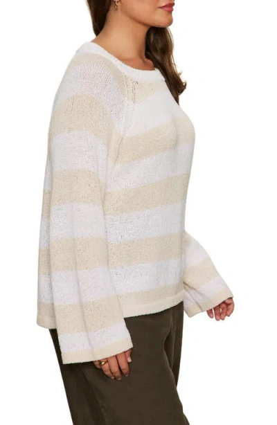 Sanctuary Textured Raglan Crew Sweater In White Light Oat Stripe In White