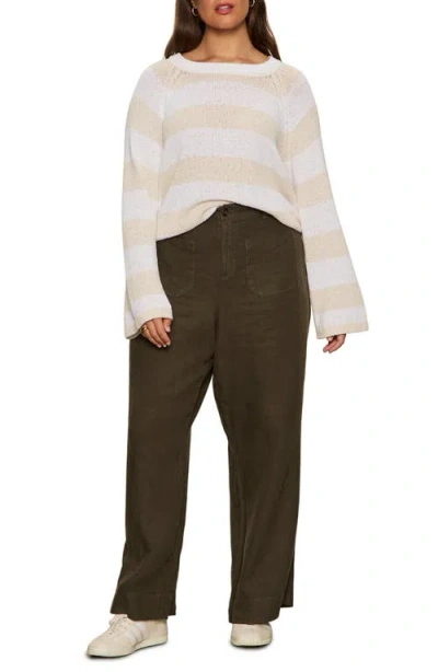 Sanctuary Textured Raglan Crew Sweater In White Light Oat Stripe In White