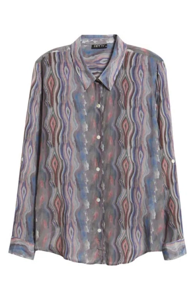 Apny Abstract Print Roll Tab Sleeve Chiffon Button-up Shirt In Blue