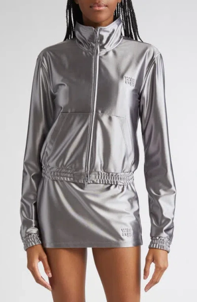 Alexander Wang Shrunken Metallic Faille Jacket In Gray