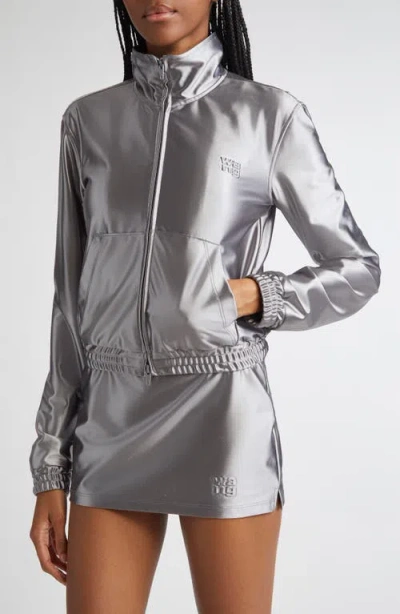 Alexander Wang Shrunken Metallic Faille Jacket In Gray