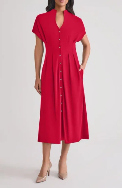 Misook Mock Neck Button Front Midi Dress In Red