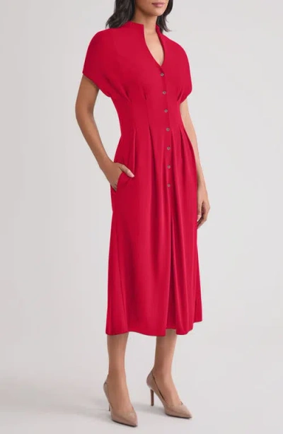 Misook Mock Neck Button Front Midi Dress In Red