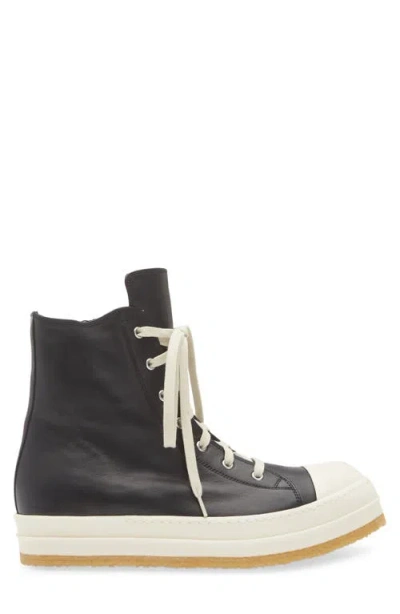 Rick Owens High-top Leather Sneakers With Rubber Toe Cap In Black