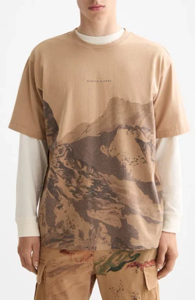 Scotch & Soda Loose Fit Mountain Print Overdye Cotton T-shirt In Brown