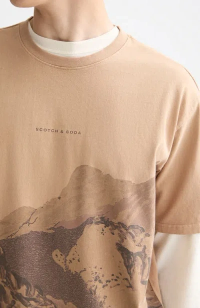 Scotch & Soda Loose Fit Mountain Print Overdye Cotton T-shirt In Brown