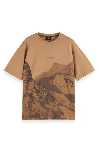 Scotch & Soda Loose Fit Mountain Print Overdye Cotton T-shirt In Brown