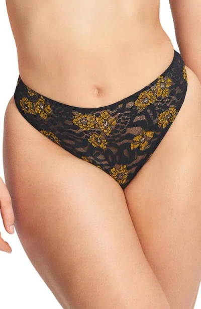 Savage X Fenty Feline Floral High Rise Thong In Black