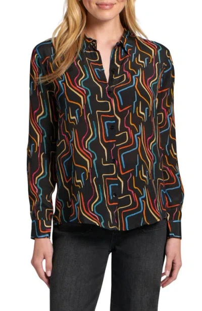 Apny Abstract Print Roll Tab Sleeve Chiffon Button-up Shirt In Black