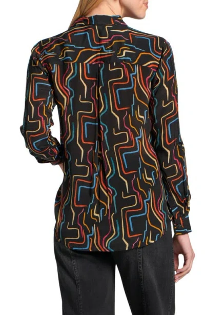 Apny Abstract Print Roll Tab Sleeve Chiffon Button-up Shirt In Black