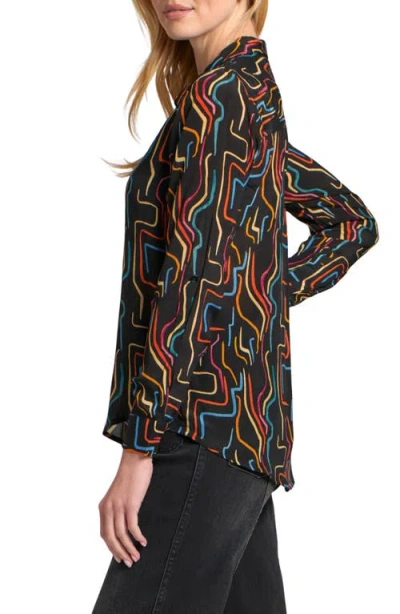 Apny Abstract Print Roll Tab Sleeve Chiffon Button-up Shirt In Black
